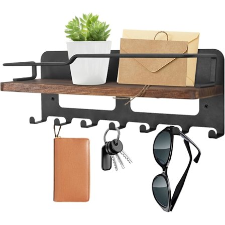 Veggmontert nøkkelholder med 7 kroker, nøkkelhylle i tre, nøkkelhenger med hylle for inngangspartier, haller, stue, kjøkken (Bl