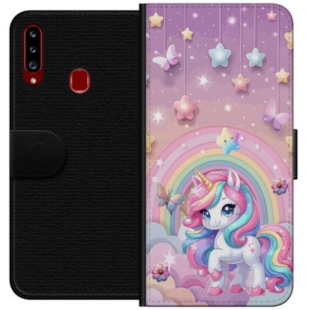 Kompatibel Tegnebogsetui til Samsung Galaxy A20s Magisk enhjørning med regnbue manke, stjerner og sommerfugle mod en pastelfarvet himmel med skyer