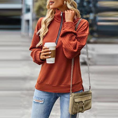 Kvinnor Enfärgad Långärmad Dragkedja Toppar Lapel Neck Pullover