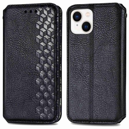 Nahkakotelo With A Stylish Rhombus Imprint For iPhone 14 - Musta