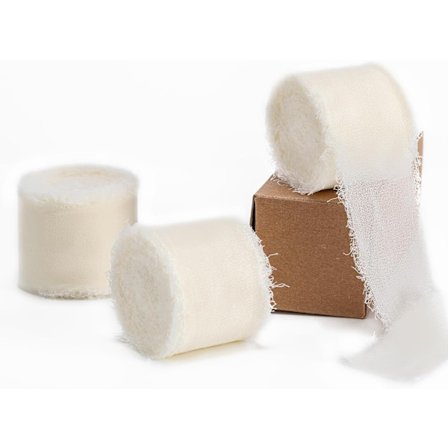 Elfenbensfarvet Chiffonbånd - 3,8 cm x 13,7 meter (3 ruller) Frynsekant Silkebånd til Bryllupsinvitationer, Brudebuketter, DIY Håndværk & Hjem