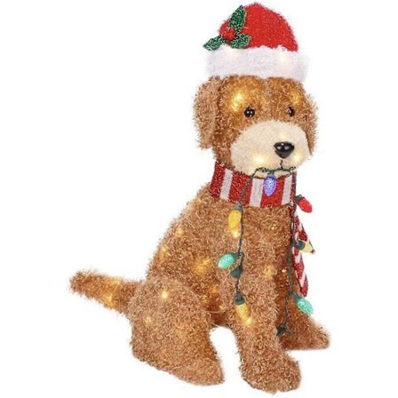 Julelysende Fluffy Doodle Hund med Lysstreng, Akryl Udendørs Græs Ornament til Jul - 2D Flad