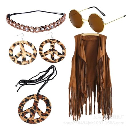 Hippie-kostyme sett, 60- og 70-talls kvinne-hippie-kostymetilbehørsett, inkluderer frynsete vest & boho-hodeband & frynsete øredobber & solbriller, 