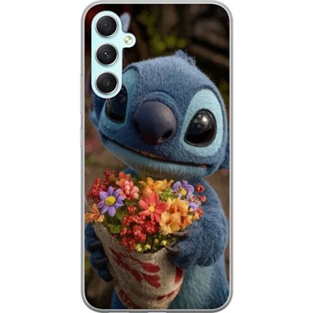 Kompatibel Mobilcover til Samsung Samsung Galaxy A34 Sød blå figur med store øjne, der holder en farverig buket i en varm og kær stil