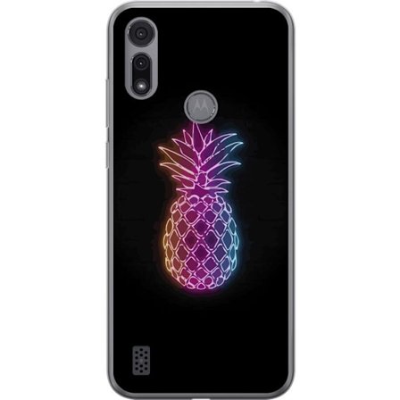 Kompatibelt Mobildeksel til Motorola Motorola Moto E6i Neonlysillustrasjon av ananas i fargerikt lys mot svart bakgrunn