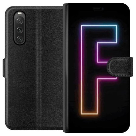 Kompatibelt Lommeboketui til Sony Sony Xperia 10 V Neonbokstav F i rosa, blå og gule lyskanter mot en mørk bakgrunn, grafisk bokstavillustrasjon med