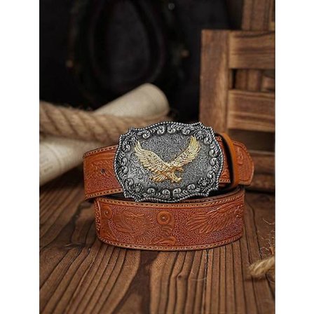 Western Cowboy Läderbälte med Spänne, Örnmönster, Floral Graverat Spänne Bälte för Män (FMY) Brun 120cm