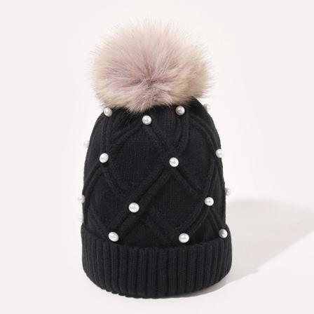 Stickad mössa i ylle för kvinnor i koreansk stil höst och vinter Varm fluffig cap Förtjockad matchande ansiktsbantning resemössa Black Average size