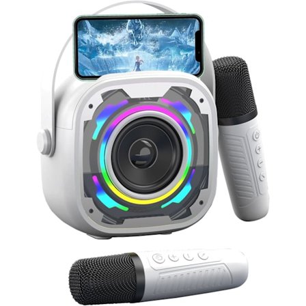 Mini Karaoke-maskin för barn, Bluetooth-högtalare med 2 mikrofoner, Barnpresenter (Vit)