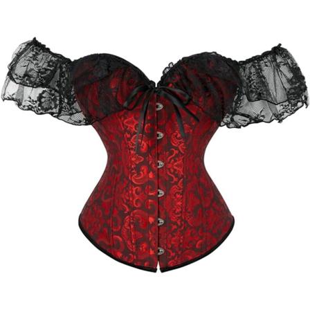 MMUO Damkorsett Topp med Spetsärm Spets Upp Sexig Bustier Lingerie Midjetränare Kostym Toppar Svart/Röd XX-Large