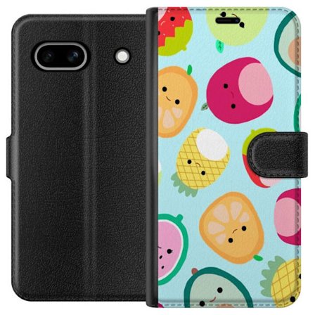 Kompatibel Tegnebogsetui til Google Pixel 7a Mønster af kawaii frugter som jordbær citron ananas og avocado på lyseblå baggrund