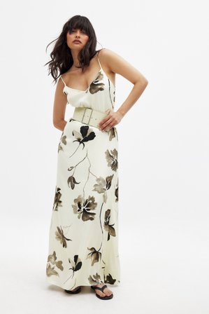 Handpicked x NA-KD Printed Satin Maxi Slip Dress - Slip-kjoler - Råhvid/Blomstret - EU 36