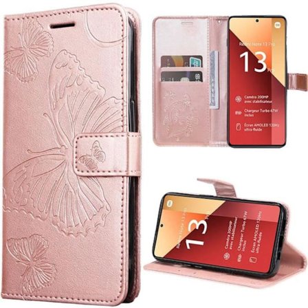 Coque Etui - E.F.CONNECTION - Til Xiaomi Redmi Note 13 Pro 4G - Stødabsorberende - Læderlook - Printet Sommerfuglemotiv i Rosa
