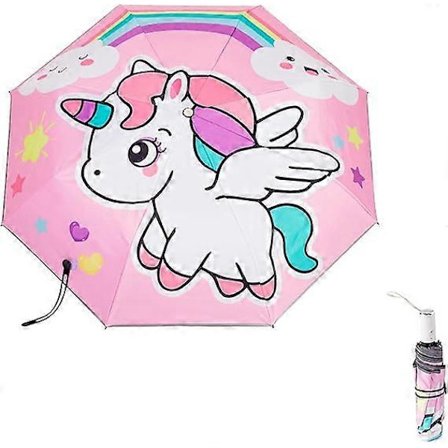 Automatisk Børne Paraply med UV-beskyttelse, Sammenfoldelig Rejseparaply, One-Touch Åbning/Lukning, Tegneserieprint, Anti-rebound Design, Bærbar 