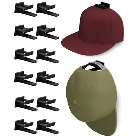 12-pak klæbende hat holdere kompatible med væg og dør - Baseball kasket holder, skabs- og opbevaringsorganisator, stærk bøjle kompatibel med rum og 