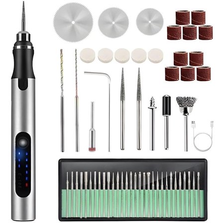 Elektrisk graveringspen - 58-delt graveringssæt - USB genopladelig - Trådløs - Maksimal hastighed 18.000 RPM - Sølv