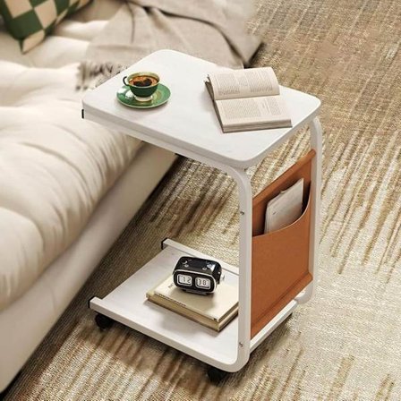 Rullbart sidebord og salongbord – C-formet salongbord i tre med oppbevaring og 360° hjul for sofa/seng