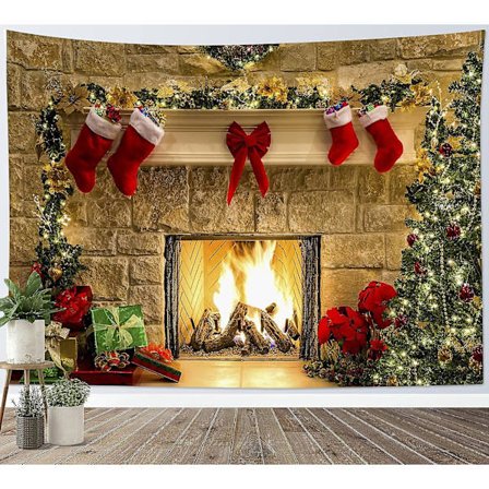 Julepejs Tapet Væghængning Juletræ Med Jule Strømpe Til Soveværelse Værelse Kollegium, (51.9*59.1 Tommer) Es