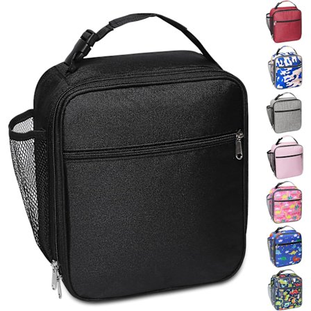 Bærbar Isolert Lunsjveske med Sidelomme i Mesh, Vannavstøtende Lekkasjesikker Myk Kjølebag Slitesterk Termisk Matboks (Svart)