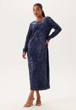 Happy Holly - Sequin Long Midi Dress - Midnight blue - Kläder - - Bubbleroom