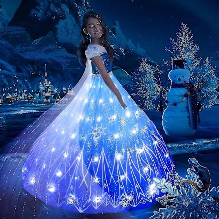 Anna Elsa LED-kjole med lys for jenter, julekostyme, festkjole, snødronning, karneval, ballkjole - WELLNGS LED-kjole med lys
