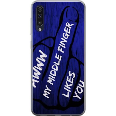 Kompatibelt Mobildeksel til Samsung Galaxy A50 Mørk typografisk illustrasjon med hjerteform og budskap om vennskap mot dyp blå tretekstur