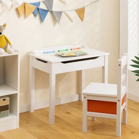 Barnebord med stol i tre og oppbevaring – Hvit