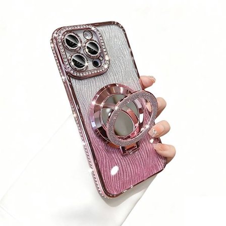 Magnetisk iPhone 15-serie deksel med stativ og speil (Rosa, 15)