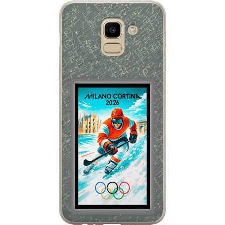 Yhteensopiva Puhelinkuori Samsung Galaxy J6 Curlingkuvitus pelaajilla ja kivillä jäällä, Milano Cortina 2026, lumisia roiskeita ja olympiasormukset