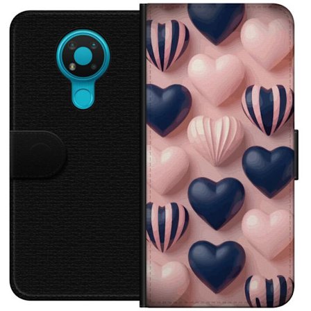 Kompatibelt Lommeboketui til Nokia 3.4 Myke tredimensjonale hjerter i rosa og marineblå toner i et romantisk mønster