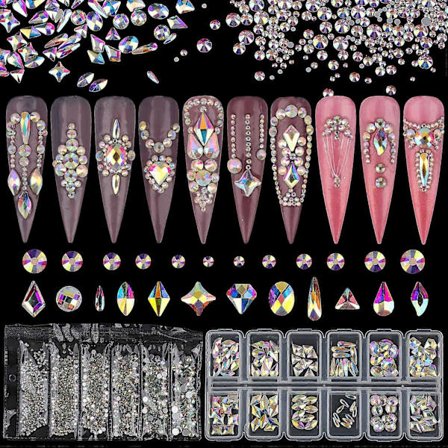 AB Kristall Strass Set, 1840st Strass Nagelkonst Set Nagel Ädelstenar Iriserande Klar Klass Multi-Form Platt Baksida Glänsande Nagel Juveler DIY 