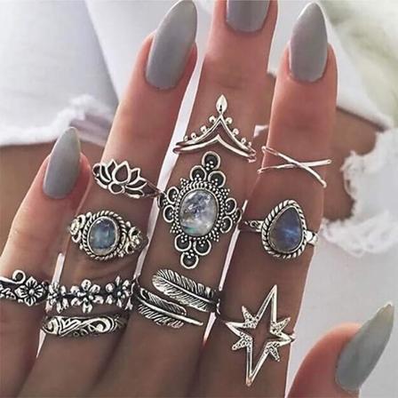 11 stk. Boheme stablet led knogle ring sæt udskåret blomst stjerne blad ædelsten