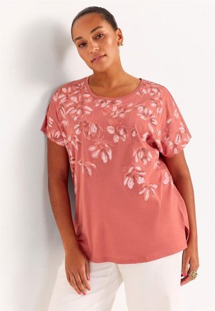 Cellbes of Sweden - Trikåtopp med korta ärmar - rost / blommig - för damer - 50/52