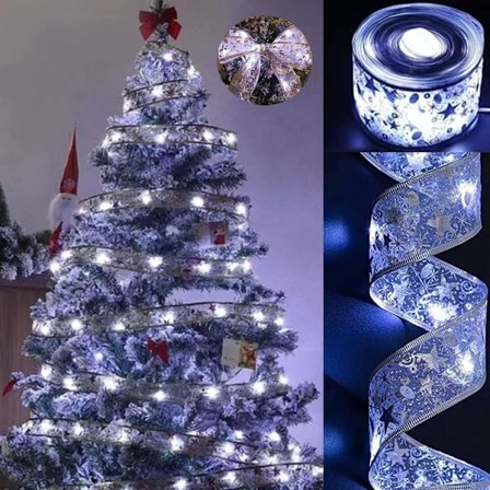 Julklappssnöre med silverband och LED-lampor, 10 meter, 100 lampor, batteridriven koppartråd för julgran