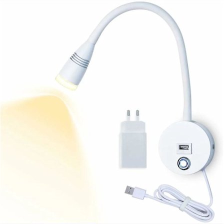 LED vegglampe leselampe sconce leselys fleksibel svanehals 3W dimbar berøringssensorbryterlampe med USB-ladeport og kabel nattbordvegglamper