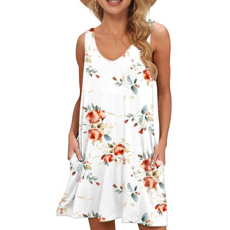 Kvinders sommer strandkjoler casual ærmeløse cover ups V-hals swing tank kjole med lommer