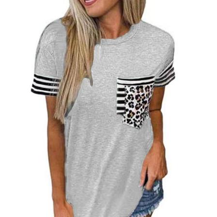 T-shirt För Kvinnor Med Rund Hals, Kort Ärm Randig Färgblock Leop