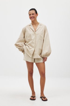 NA-KD Cotton Front Pocket Tie Sleeve Shirt - Sommertøj - Beige - EU 40