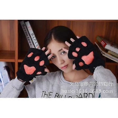 Kattepige åbne fingre kattepote varme handsker fortykket fluffy håndformet børste halvfingerhandsker sort gennemsnitlig størrelse