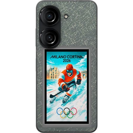 Yhteensopiva Puhelinkuori Asus Zenfone 10 Curlingkuvitus pelaajilla ja kivillä jäällä, Milano Cortina 2026, lumisia roiskeita ja olympiasormukset