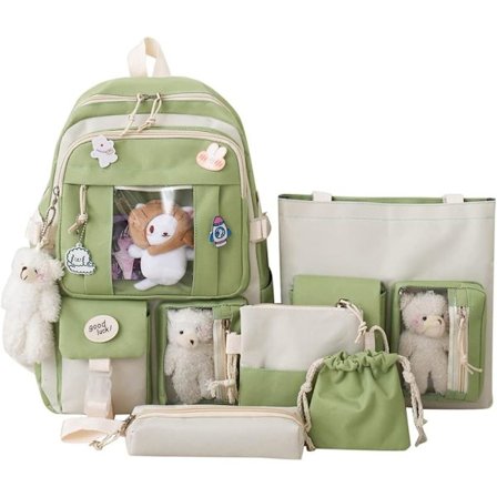 Canvas skoletaske kombisæt, Kawaii pige student skoletaske grøn
