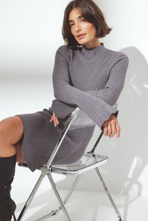 NA-KD Robe courte fluide en maille à col montant - Robes Pull - Gris - XS (EU 32)