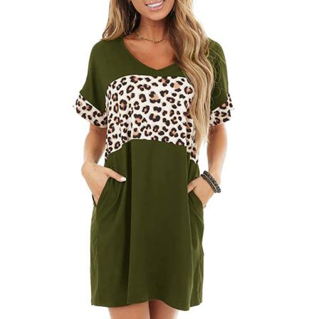 Dam Casual Leopard Kortärmad T-shirt Klänning Dam Sommar L