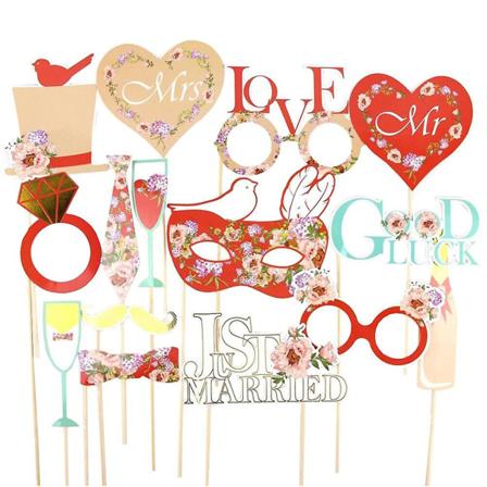 16 stk Bryllupsdekoration Sjove Fotoboksrekvisitter Bryllupsfototilbehør Lige Gift Tegn Bryllup Red 18*16cm