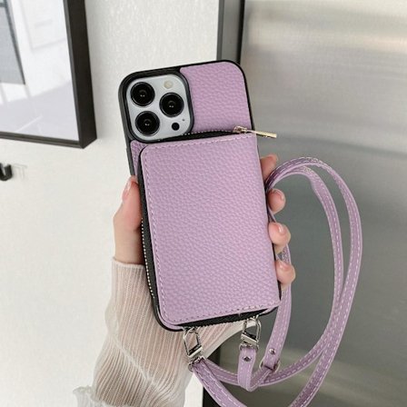 Etui til iPhone 16plus litchimønster full glidelås kortholder snor lilla japansk og koreansk dia