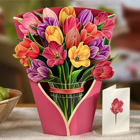 Pappersblommor Pop Up-kort, Festliga tulpaner, Bukett 3D Pop Up-pappersblomma