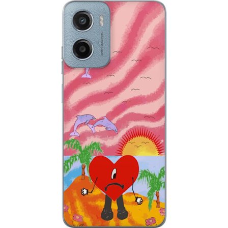 Kompatibelt Mobildeksel til Motorola Moto G05 Bad Bunny i en fargerik quiltet jakke med hjertemønster og solbriller i moderne gatestil