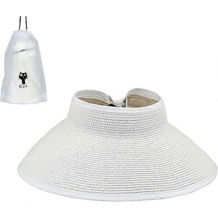 Solhatt med bred brem for kvinner, sammenleggbar, hestehalevennlig strandhatt for sommeren, hvit