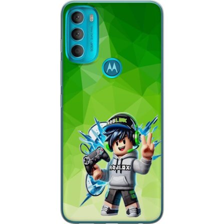 Kompatibelt Mobildeksel til Motorola Moto G71 5G Roblox-inspirert gamerfigur med headset, håndkontroll og energiske effekter mot grønn bakgrunn
