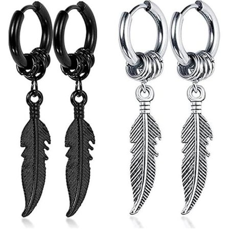 2 par sorte øreringe til mænd, fjerøreringe, punk øreringe i rustfrit stål, allergivenlige